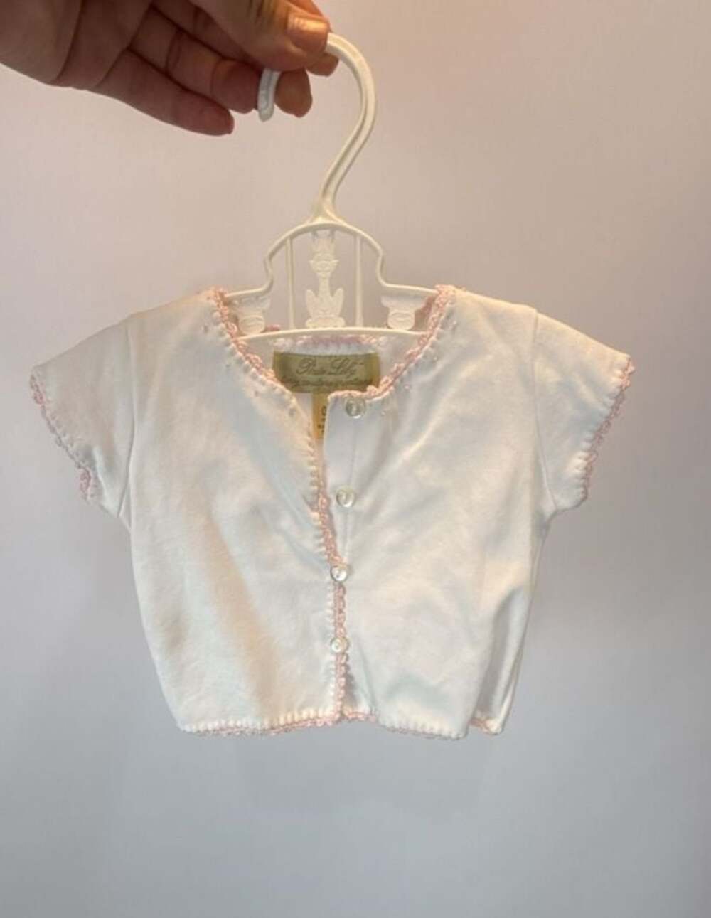 Pixie Lily Tiny Couture Creations top White Pink Crochet Trim 0-3 months cotton
